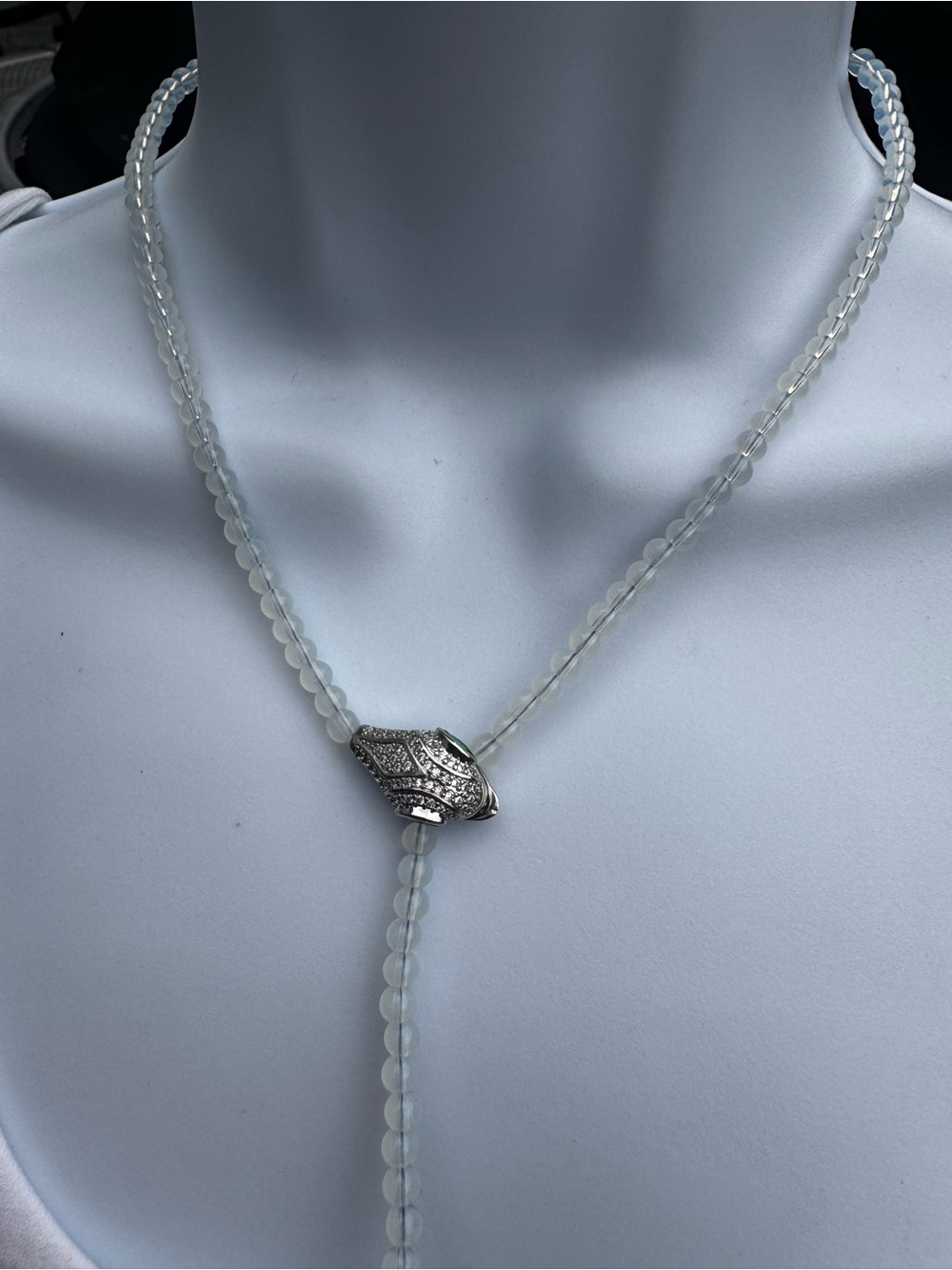 Opal beads 4mm with snake Lariat Necklace with Silver Pave Accent